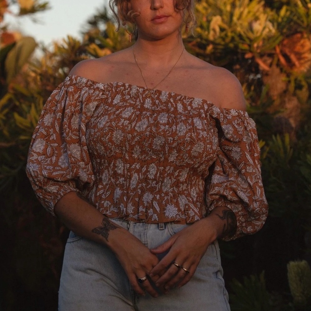 DAUGHTERS OF INDIA Saira Clay Floral Block Print Cotton Puff Sleeves Crop Top XL